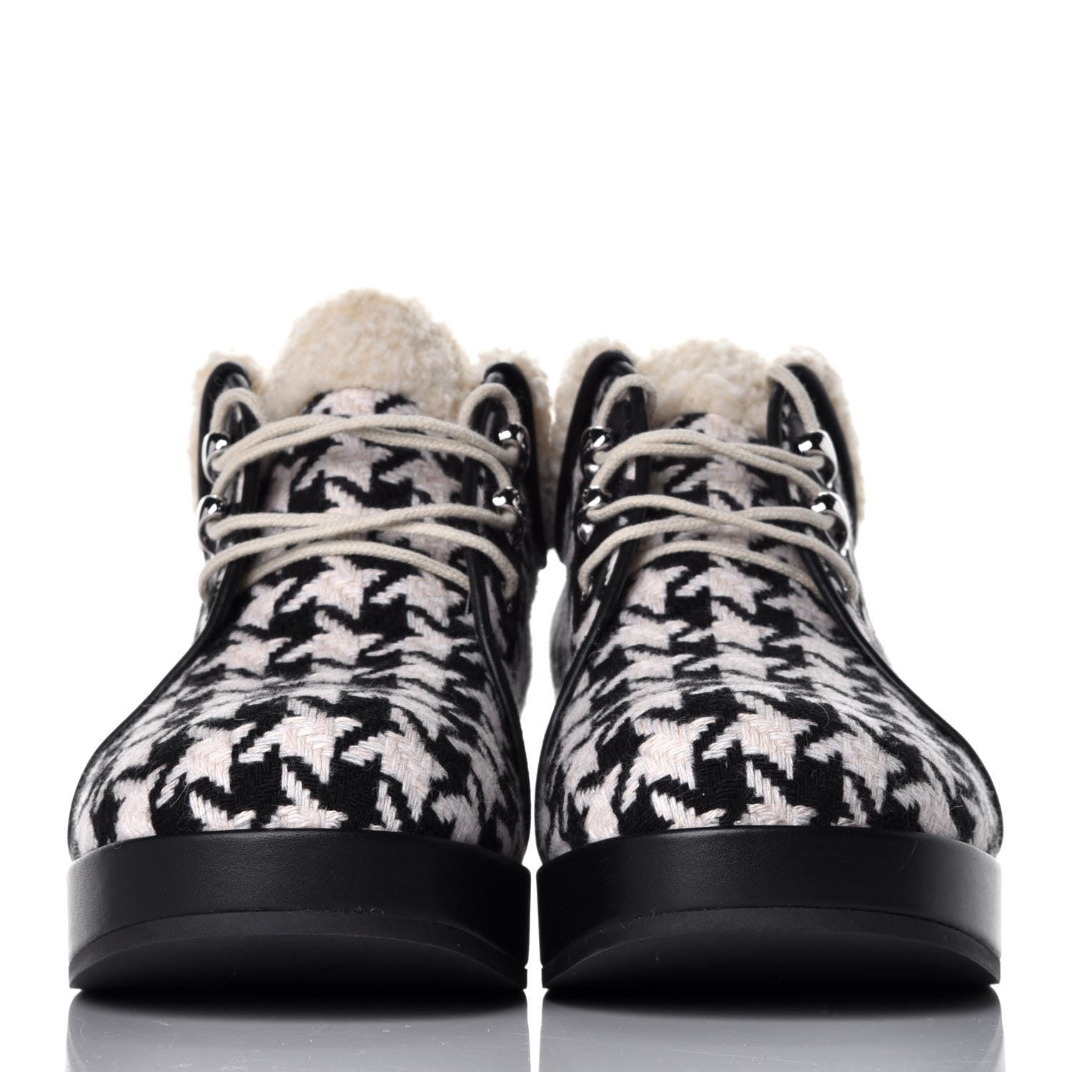 Gucci Optical Tweed Faux Shearling Houndstooth Victor Lace Up Ankle Boots 40 White Black 2 of 8