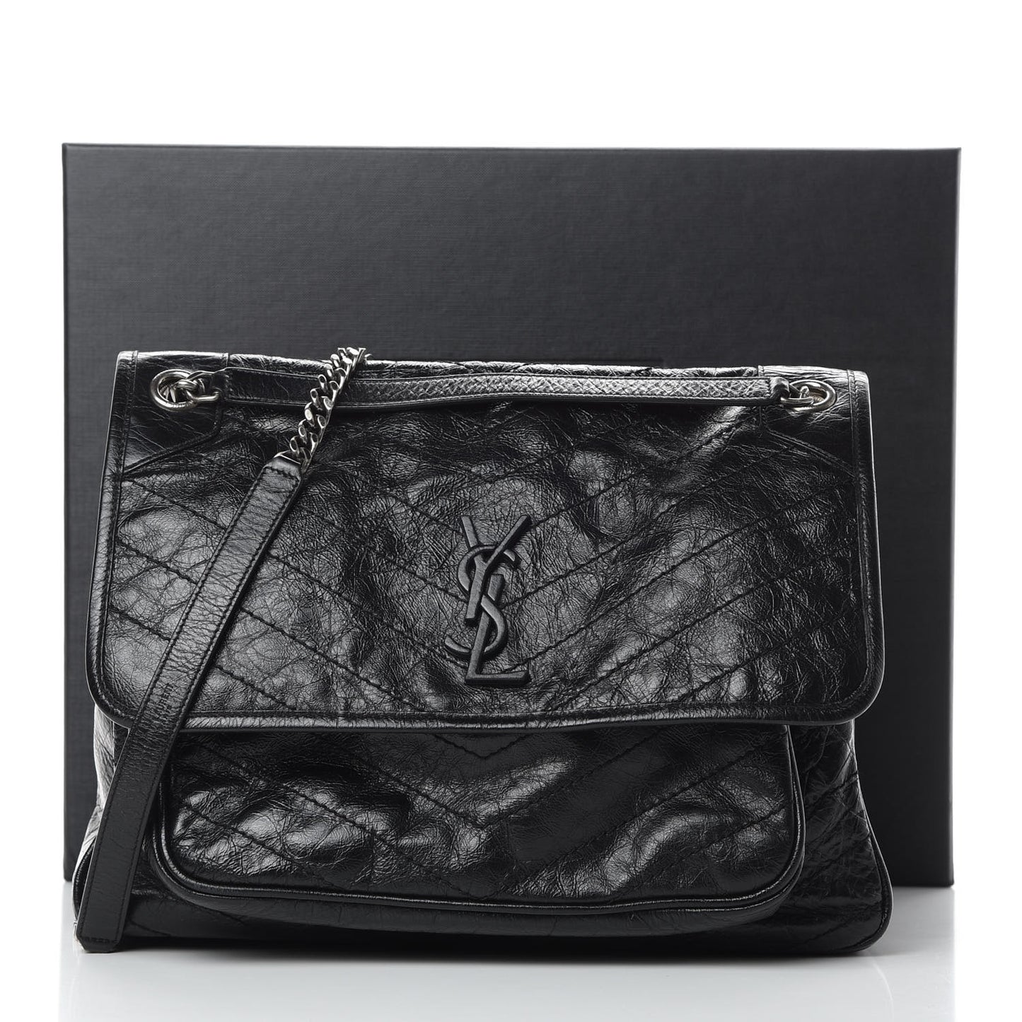 Crinkled Calfskin Matelasse Monogram Large Niki Chain Satchel Black