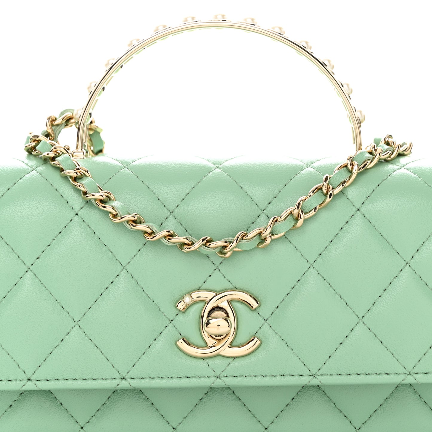 Lambskin Quilted Pearl Top Handle Clutch With Chain Light Green