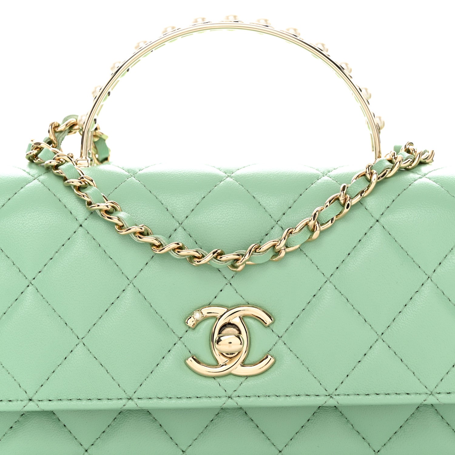 Chanel Lambskin Quilted Pearl Top Handle Clutch With Chain Light Green 9 of 12