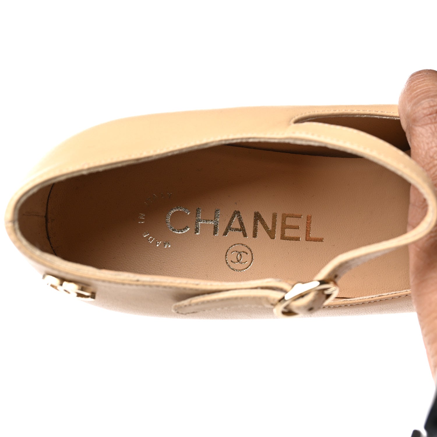 Chanel Patent Lambskin Cap Toe Mary Jane Mid Heel Strap Pumps 38 Beige Black 7 of 8