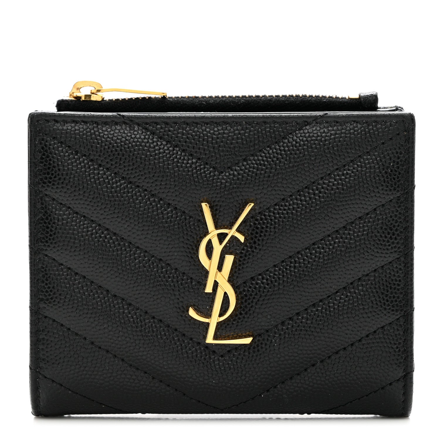Saint Laurent Grain De Poudre Matelasse Chevron Monogram Zipped Card Case Black 1 of 6