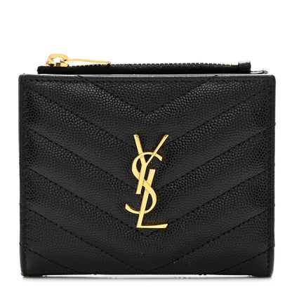 Saint Laurent Grain De Poudre Matelasse Chevron Monogram Zipped Card Case Black 1 of 6