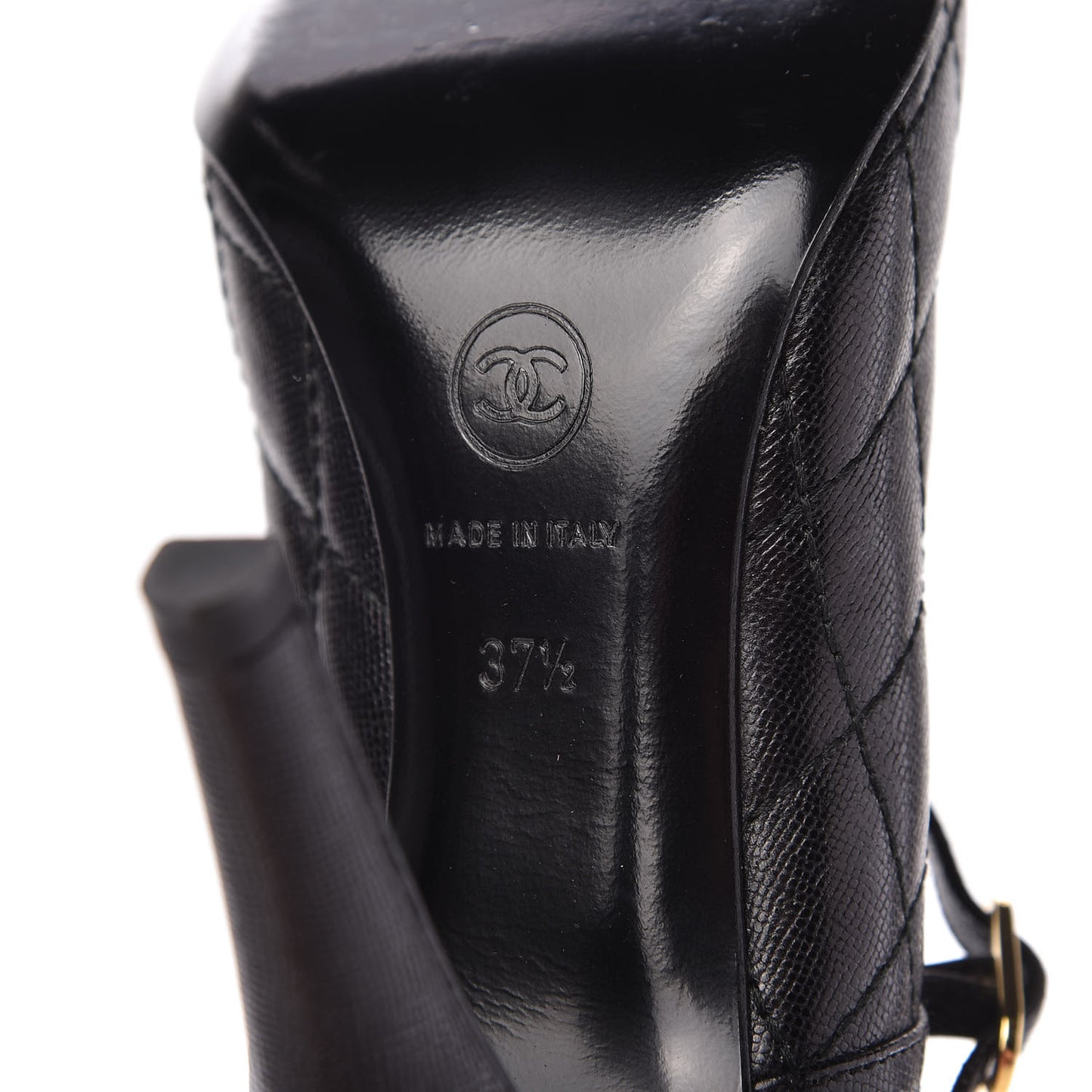 Grained Calfskin Patent Quilted CC Cap Toe Ankle Strap Pumps 37.5 Black