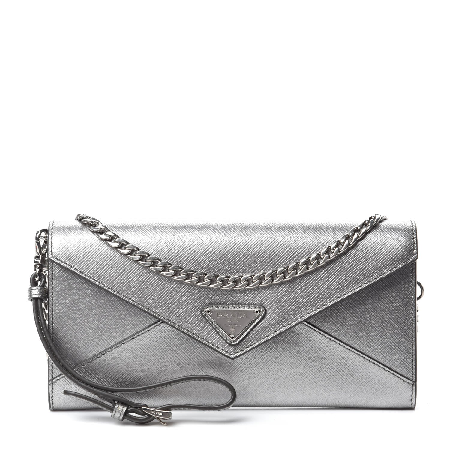 Prada Metallic Saffiano Triangle Mini Crossbody Bag Cromo 1 of 11