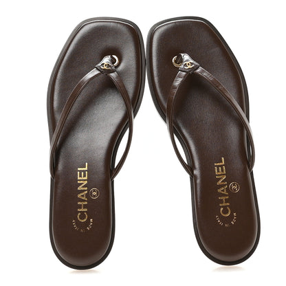 Chanel Goatskin CC Times Square Thong Sandals 37.5 Brown 2 of 8