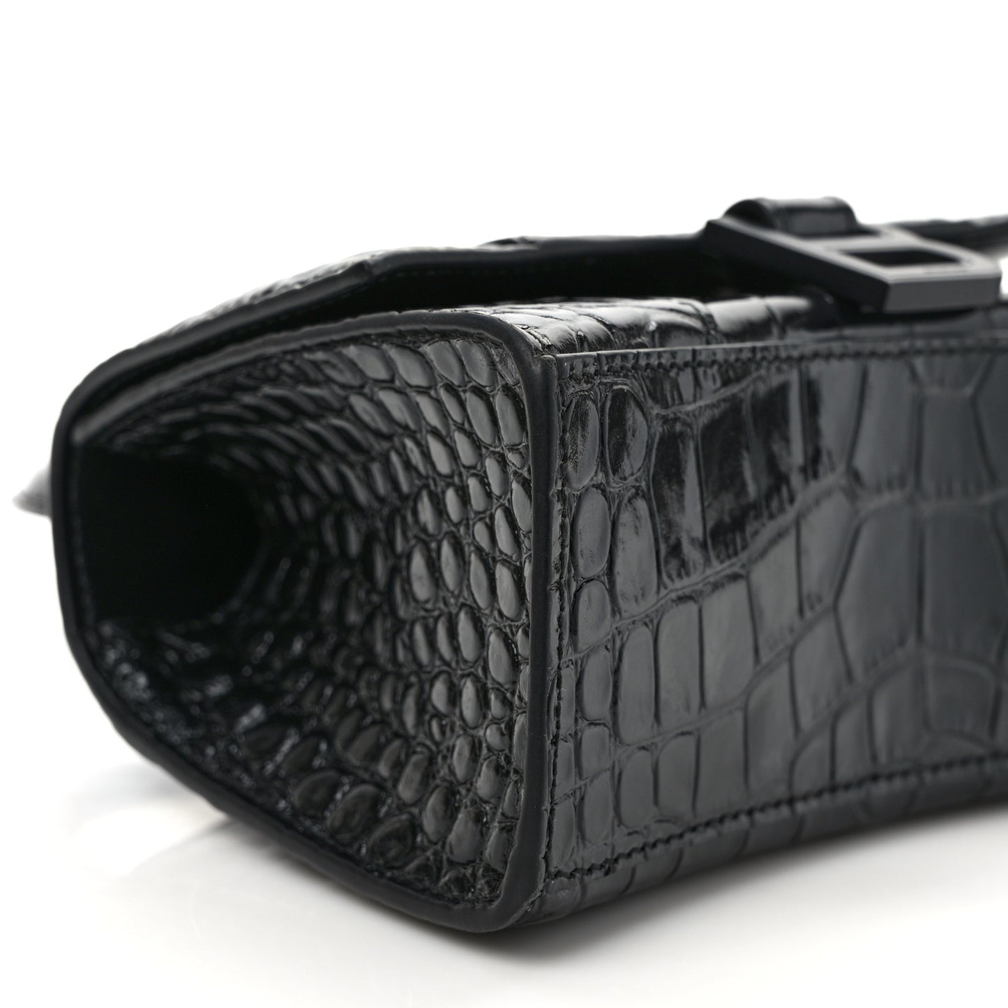 Shiny Calfskin Monochrome Crocodile Embossed Hourglass Top Handle Bag XS Black