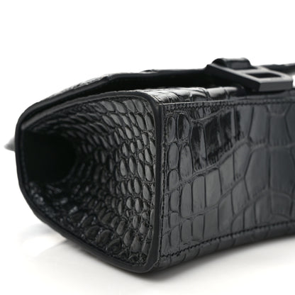 Balenciaga Shiny Calfskin Monochrome Crocodile Embossed Hourglass Top Handle Bag XS Black 7 of 8