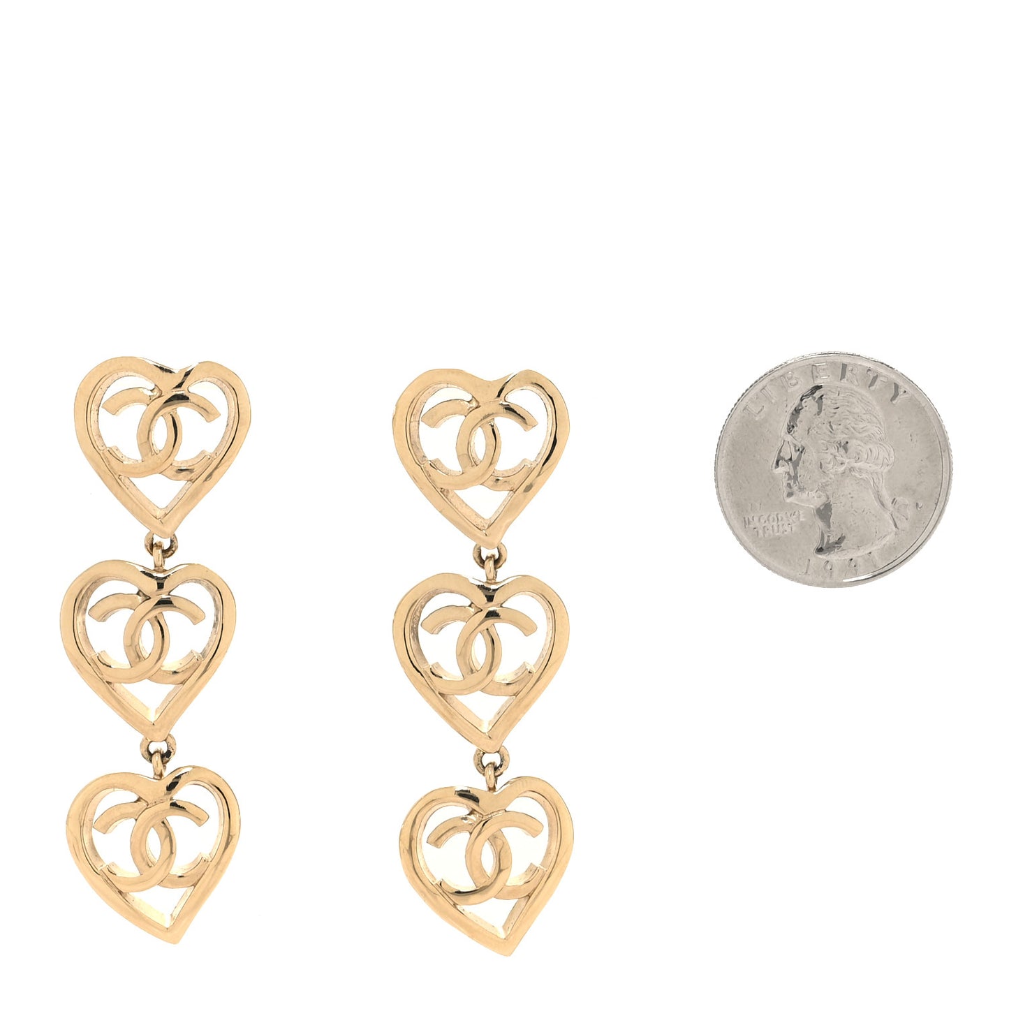 Metal CC Triple Heart Coco In Love Drop Earrings Gold