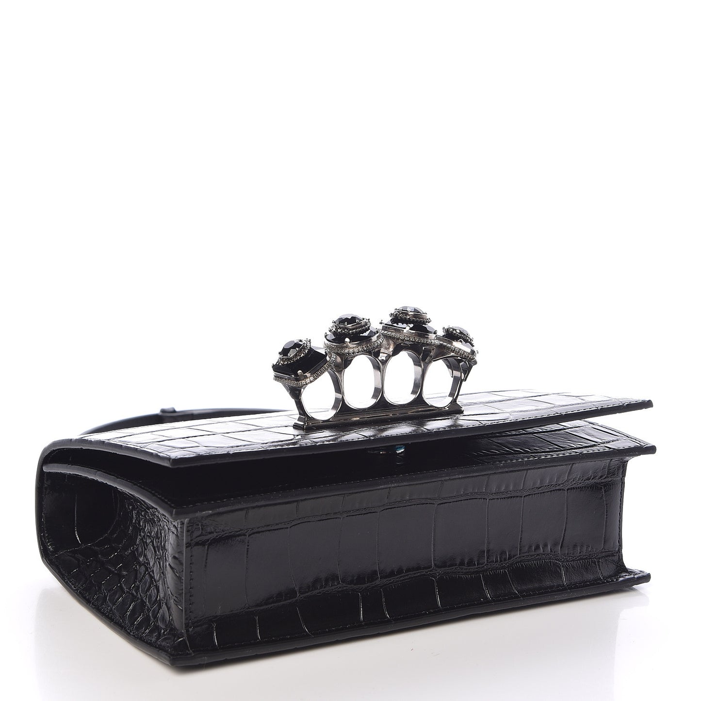 Calfskin Crocodile Embossed Knuckle Shoulder Bag Black