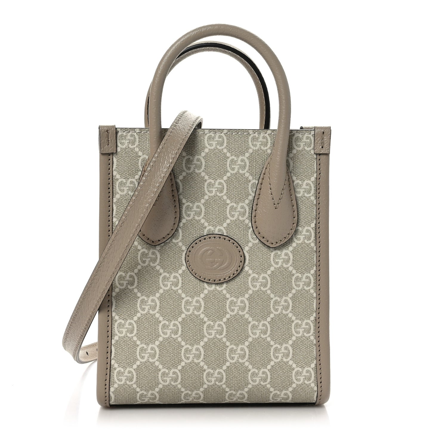 GG Supreme Monogram Textured Dollar Calfskin Mini Retro Interlocking G Tote Bag Beige Mystic White Oatmeal