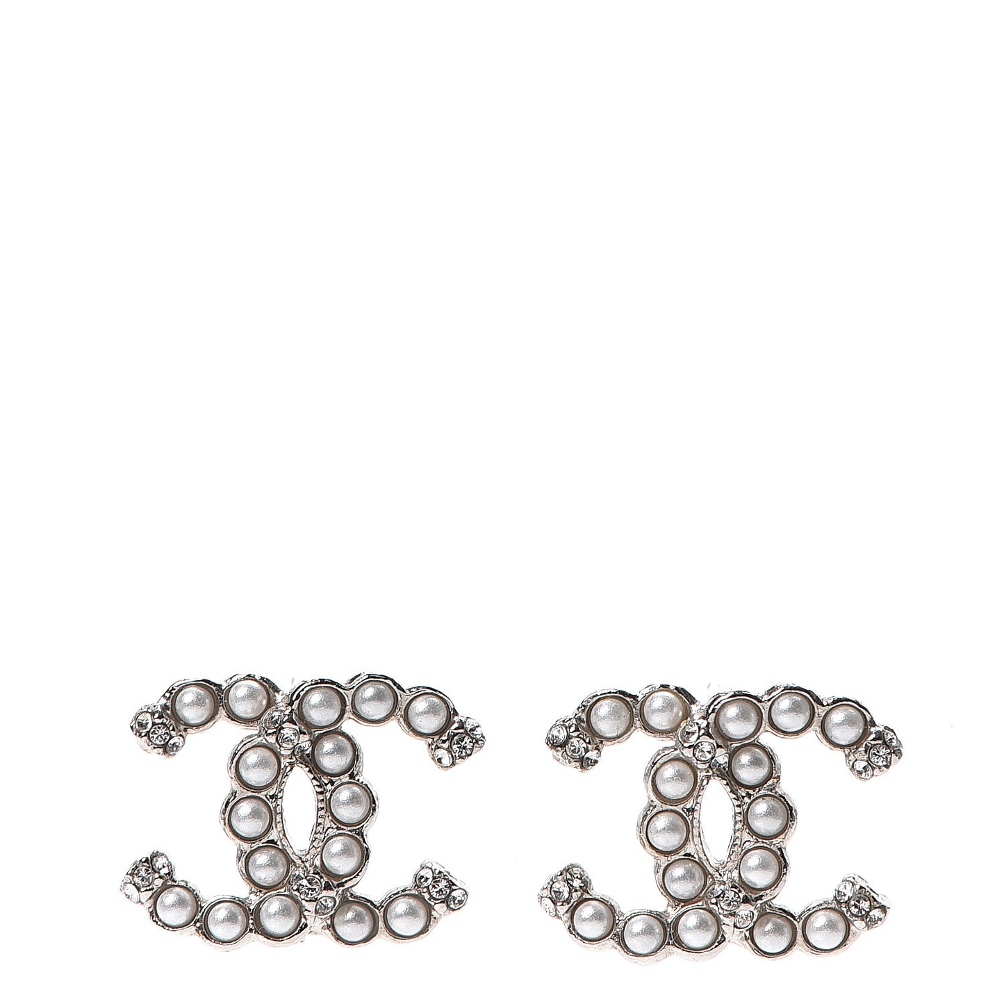 Pearl Crystal CC Regalia Small Button Earrings Silver
