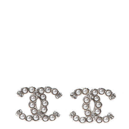 Chanel Pearl Crystal CC Regalia Small Button Earrings Silver 1 of 4