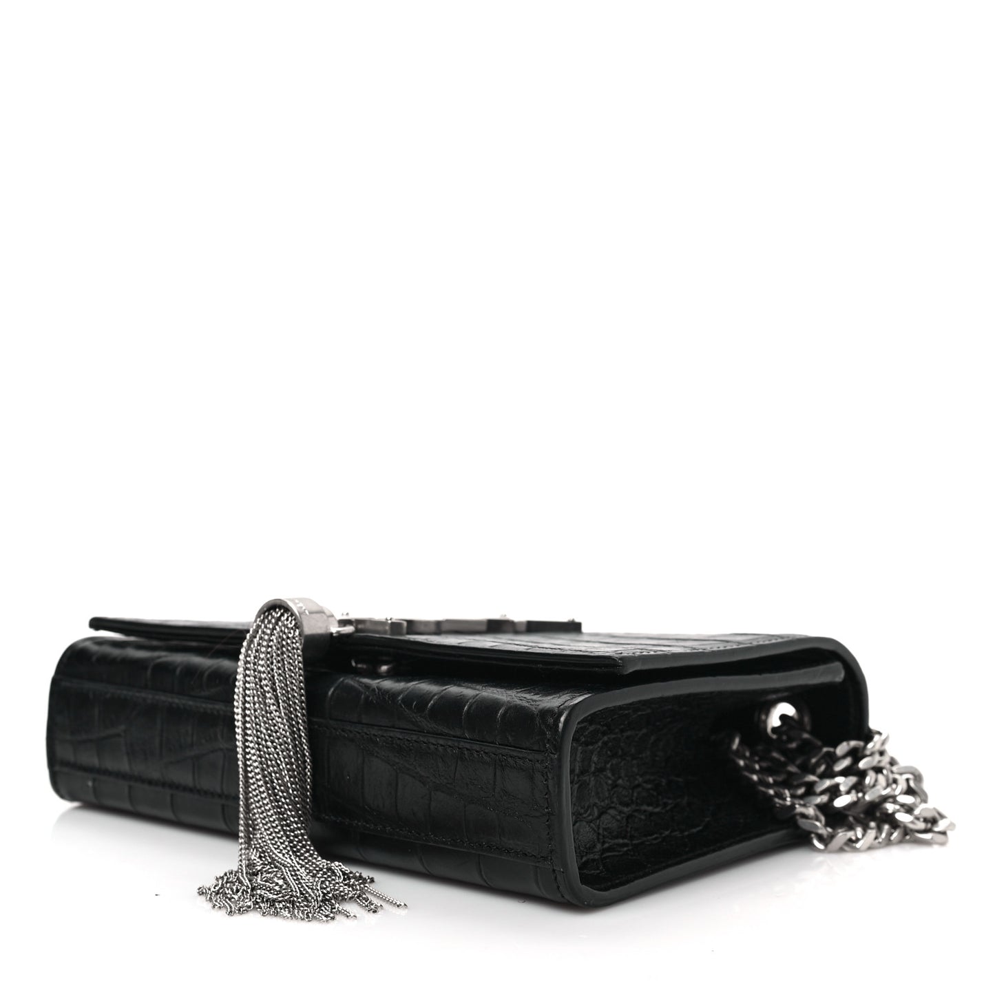 Calfskin Crocodile Embossed Small Classic Monogram Kate Tassel Satchel Black