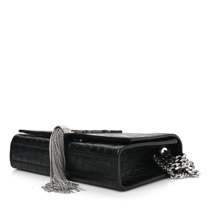 Saint Laurent Calfskin Crocodile Embossed Small Classic Monogram Kate Tassel Satchel Black 8 of 8