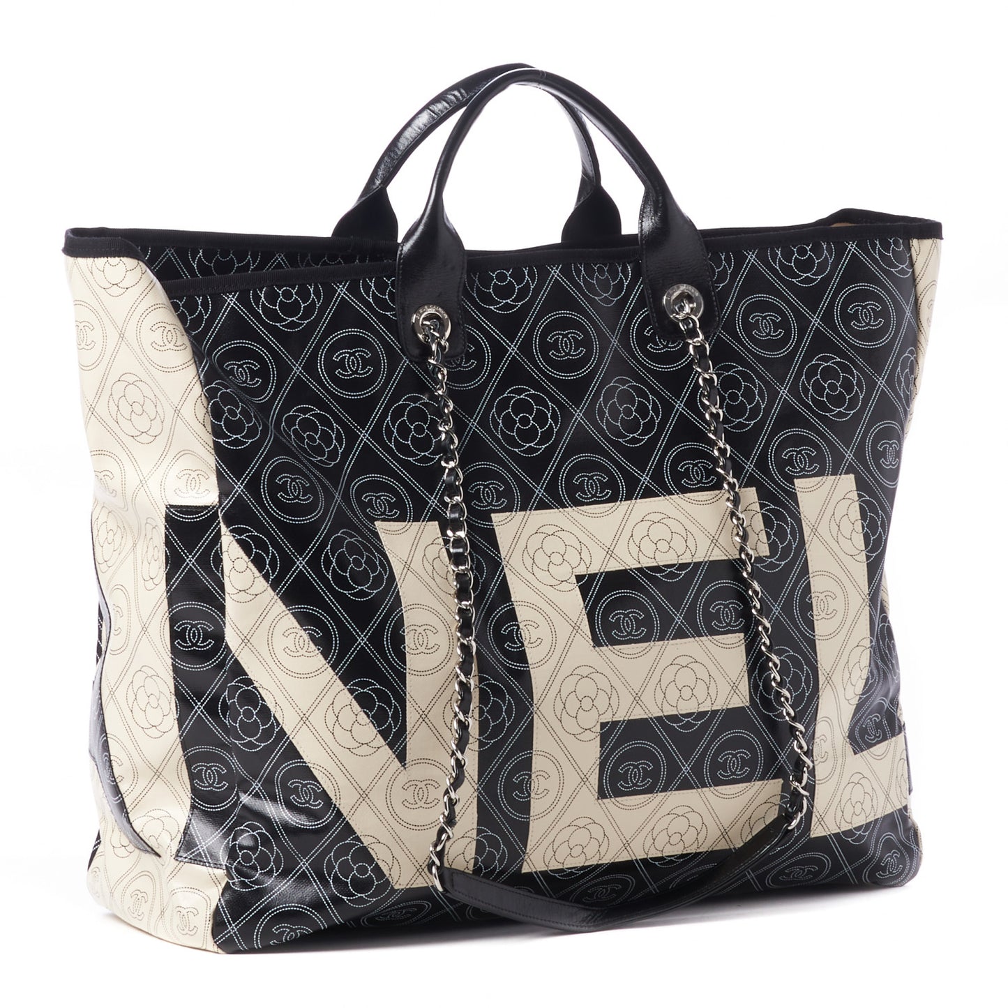 Coated Canvas Camellia Large Shopping Tote Black Beige