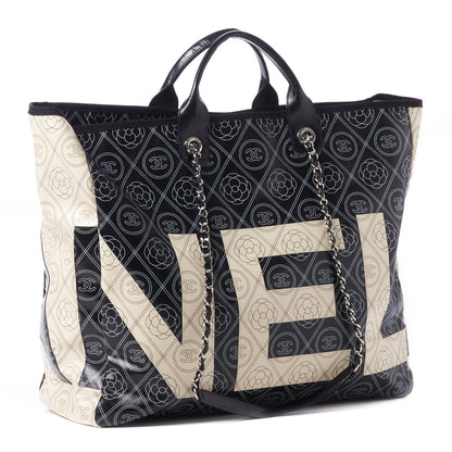 Chanel Coated Canvas Camellia Large Shopping Tote Black Beige 3 of 9