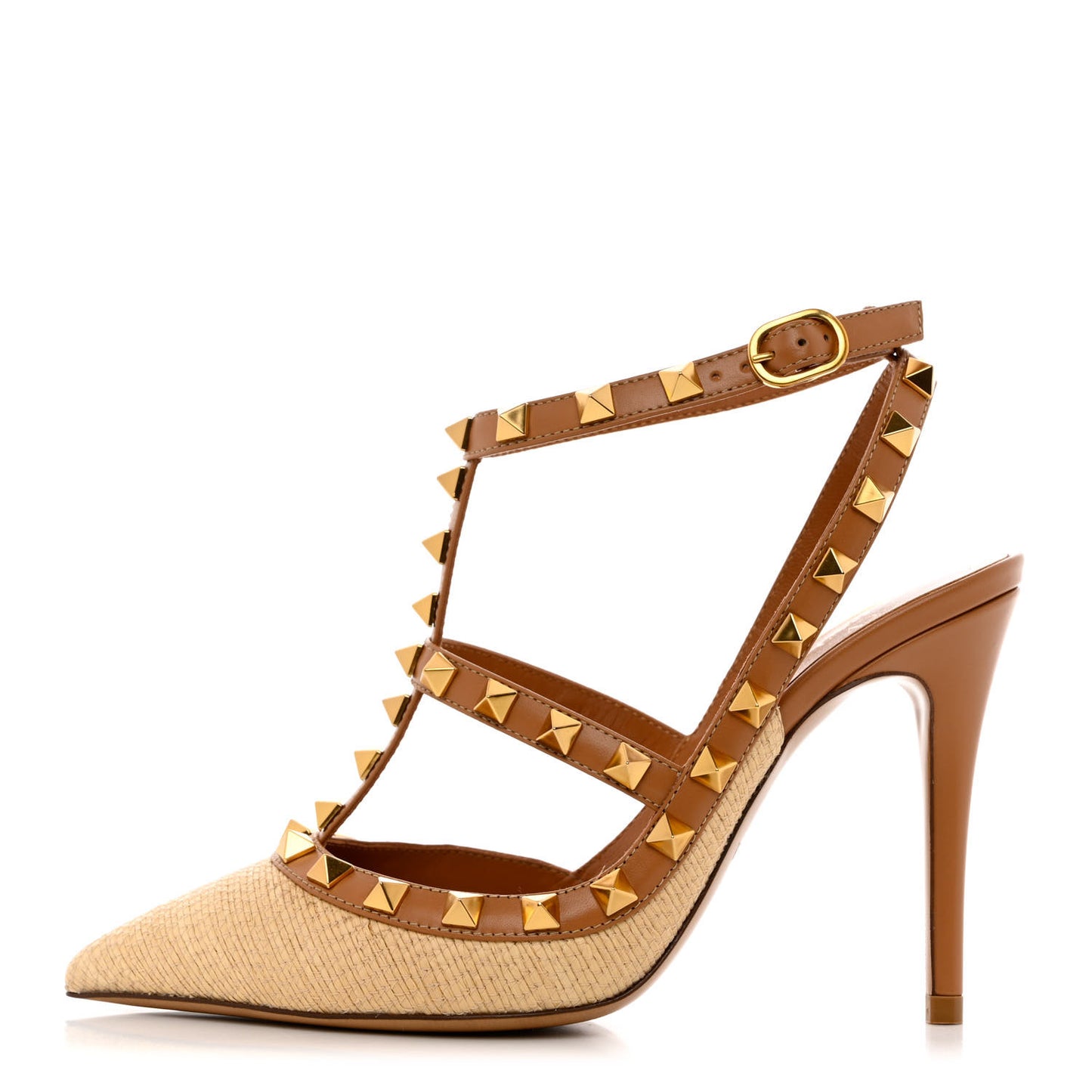 Raffia Calfskin Rockstud Ankle Strap 100mm Pumps 35 Natural Saddle Brown