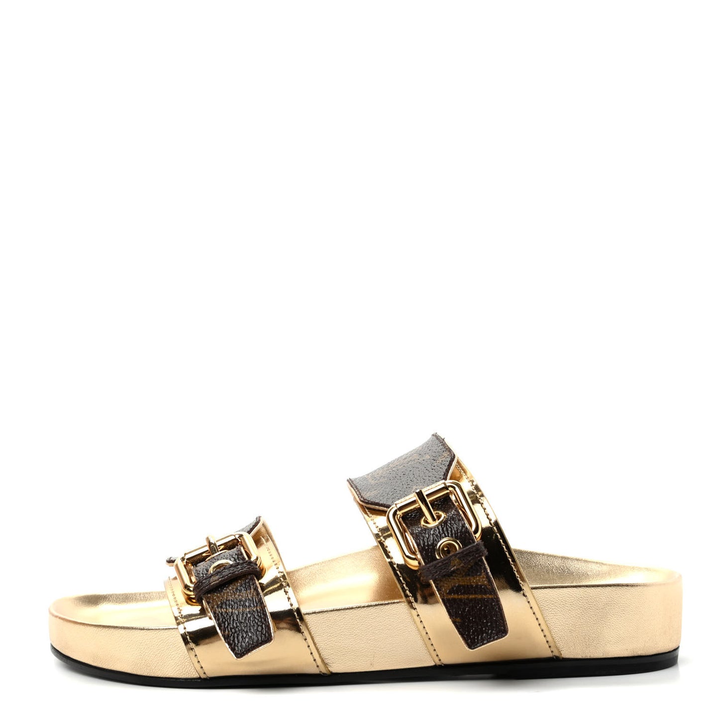 Patent Calfskin Monogram Bom Dia Mule Sandals 35 Gold