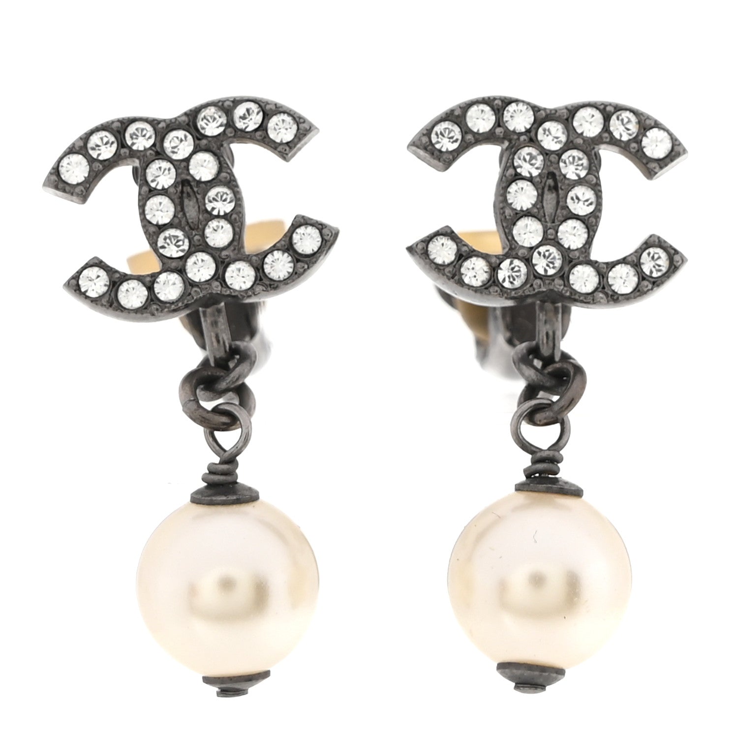 Chanel Pearl Crystal CC Drop Clip On Earrings Silver 1 of 5