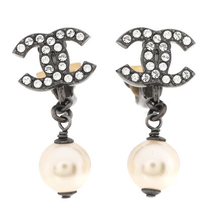 Chanel Pearl Crystal CC Drop Clip On Earrings Silver 1 of 5