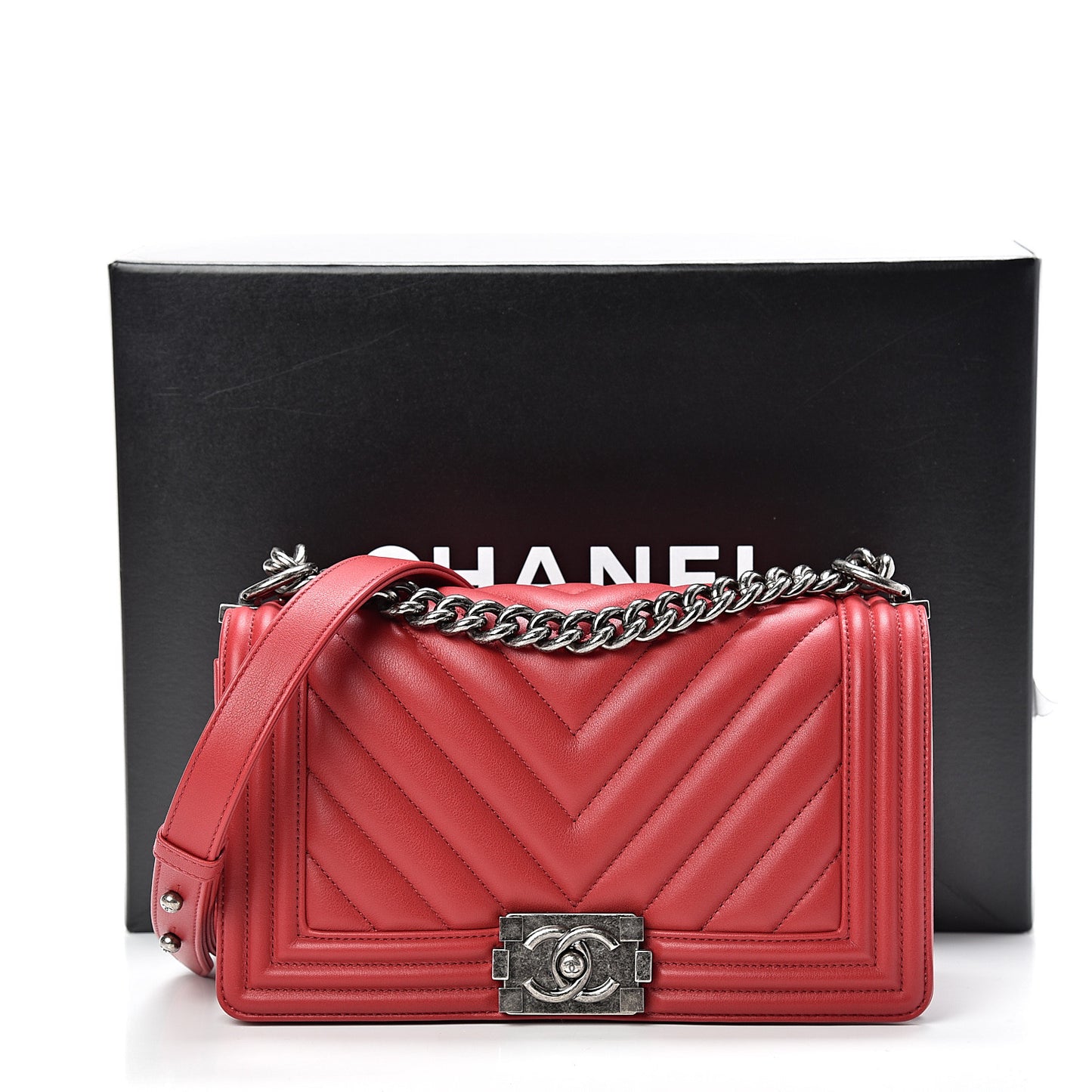 Calfskin Chevron Quilted Medium Boy Flap Dark Red