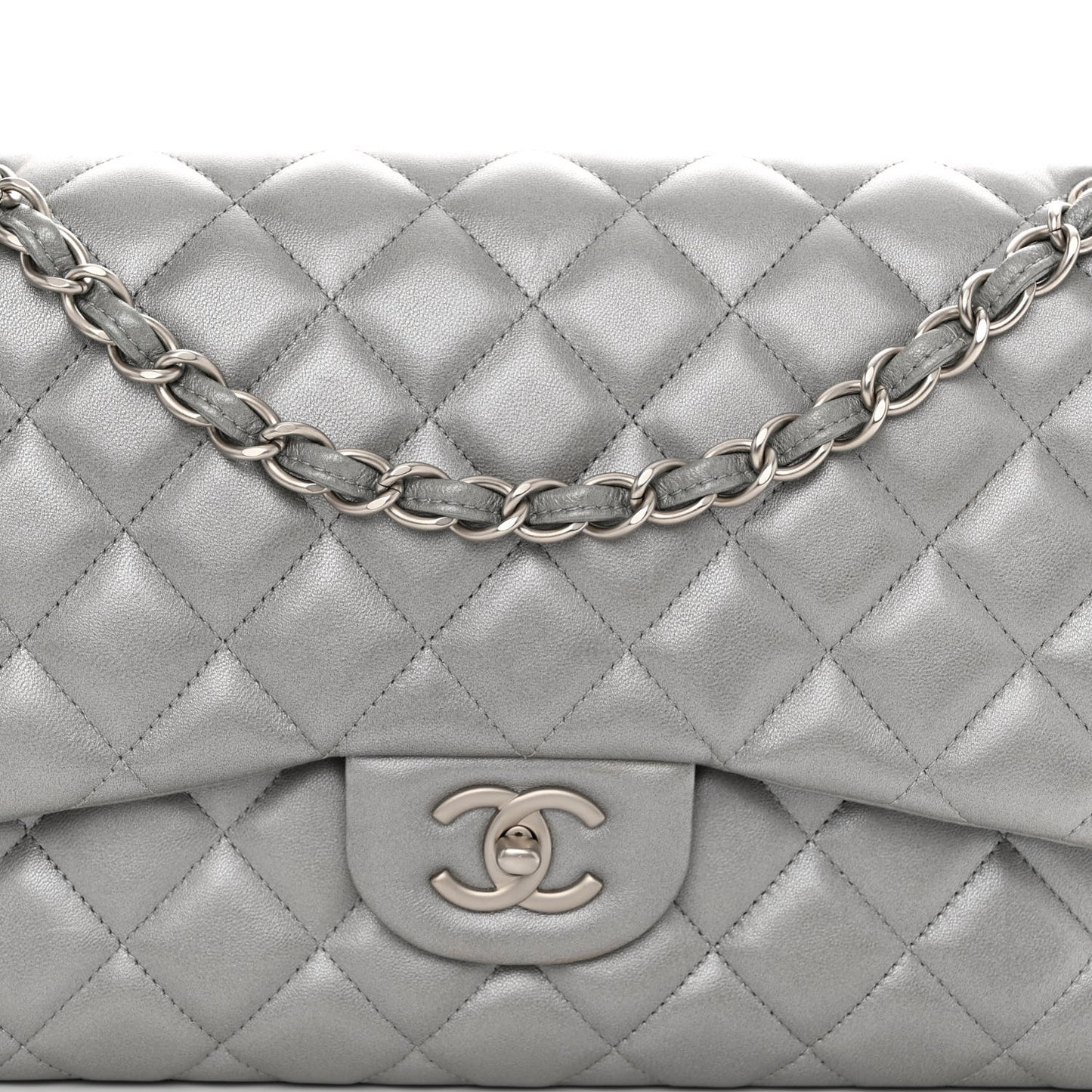 Metallic Lambskin Quilted Jumbo Double Flap Silver