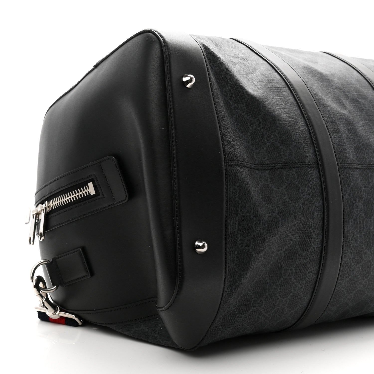 Gucci Soft GG Supreme Monogram Appia Calfskin Web Large Carry On Duffle Bag Black Grey 8 of 9