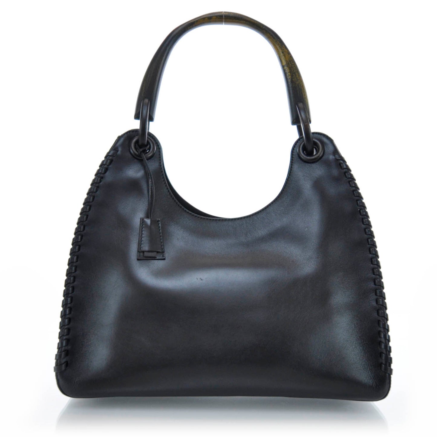 Leather Whipstitch Wooden Handle Shoulder Bag Black