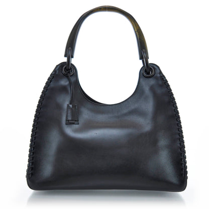 Gucci Leather Whipstitch Wooden Handle Shoulder Bag Black 1 of 9