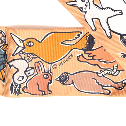 Hermes Silk Mille Et Un Lapins Twilly Beige Dore Abricot White 3 of 4