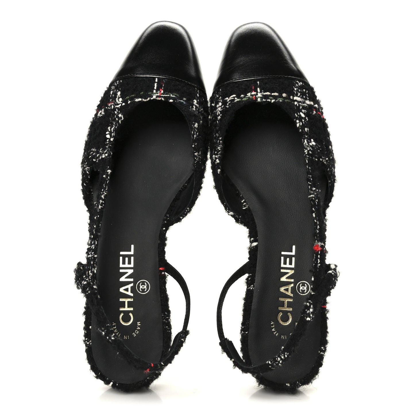 Tweed Lambskin Cap Toe CC Slingback Flats 39 Black White Multicolor