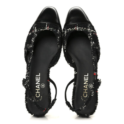 Chanel Tweed Lambskin Cap Toe CC Slingback Flats 39 Black White Multicolor 2 of 9