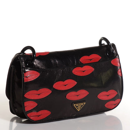 Prada Madras Embroidered Lips Flap Bag Nero Rosso 3 of 9