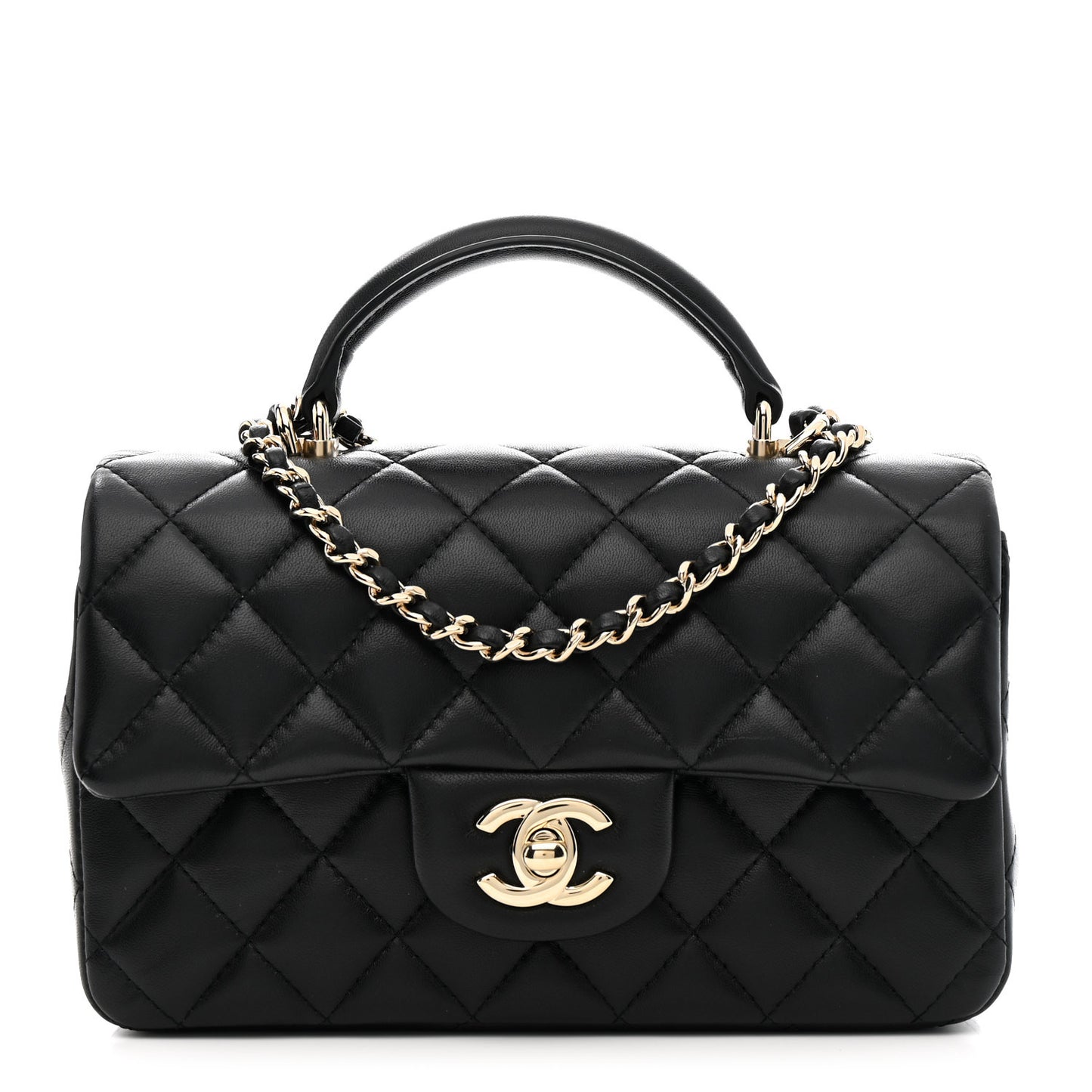 Lambskin Quilted Mini Top Handle Rectangular Flap Black