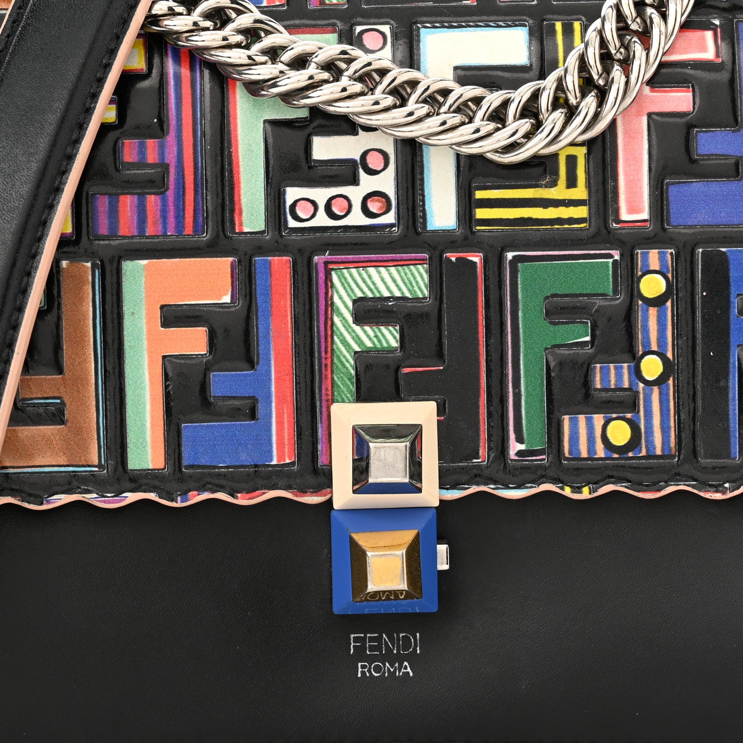 Fendi Vitello Liberty Fun Fair Embossed Scalloped Kan I Shoulder Bag Black Multicolor 8 of 12