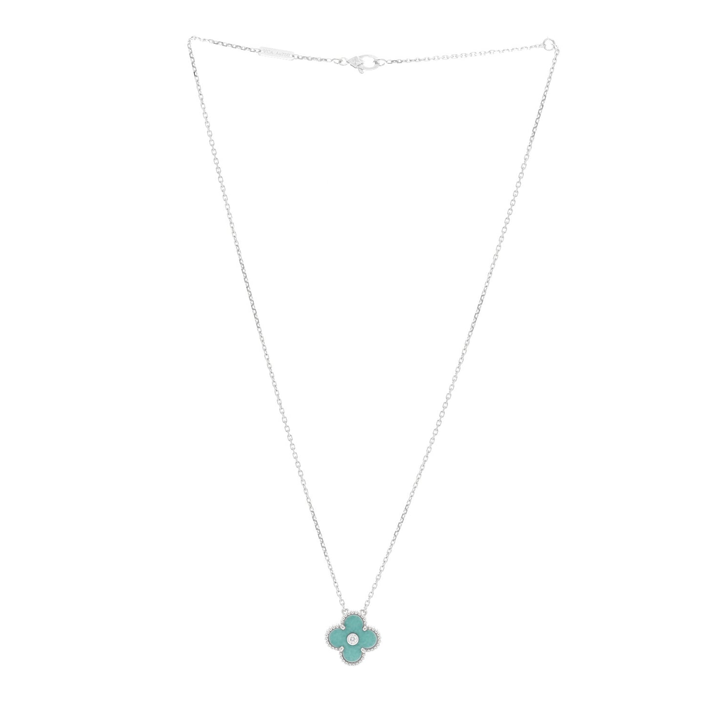 18K White Gold Diamond Celadon Green Sevres Porcelain Vintage Alhambra Pendant Necklace