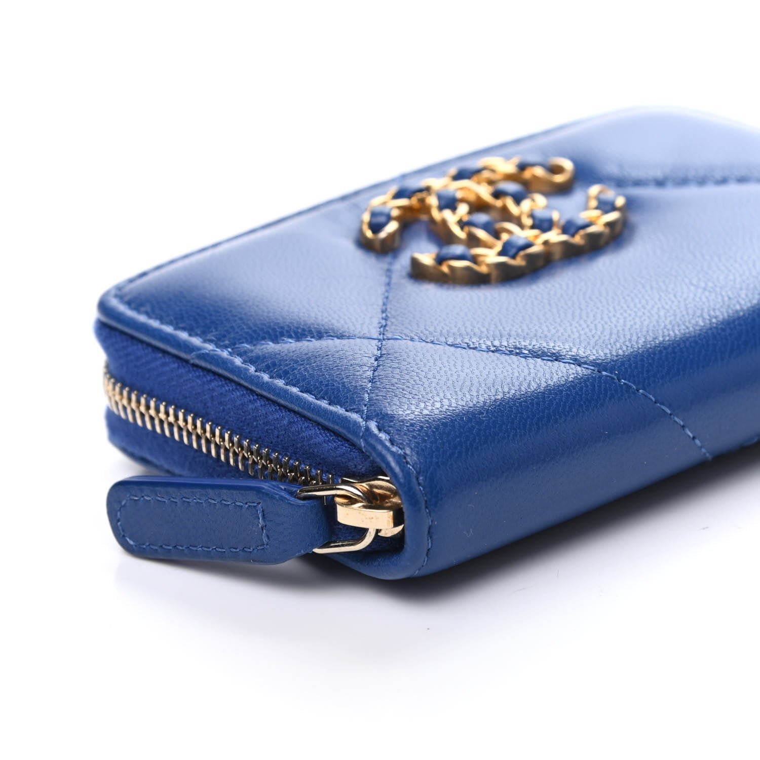 Chanel Goatskin Quilted Chanel 19 Zip Around Coin Purse Wallet Blue 8 of 10