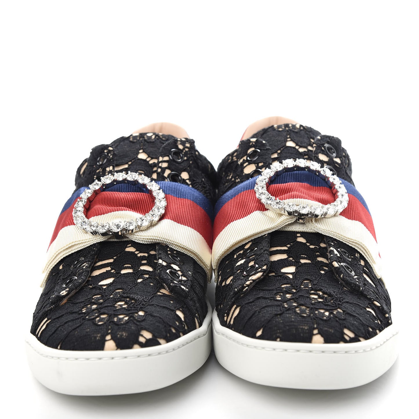 Lace Crystal Sylvie Web Flower Leaf Womens Ace Sneakers 37.5 Black Tan Beige