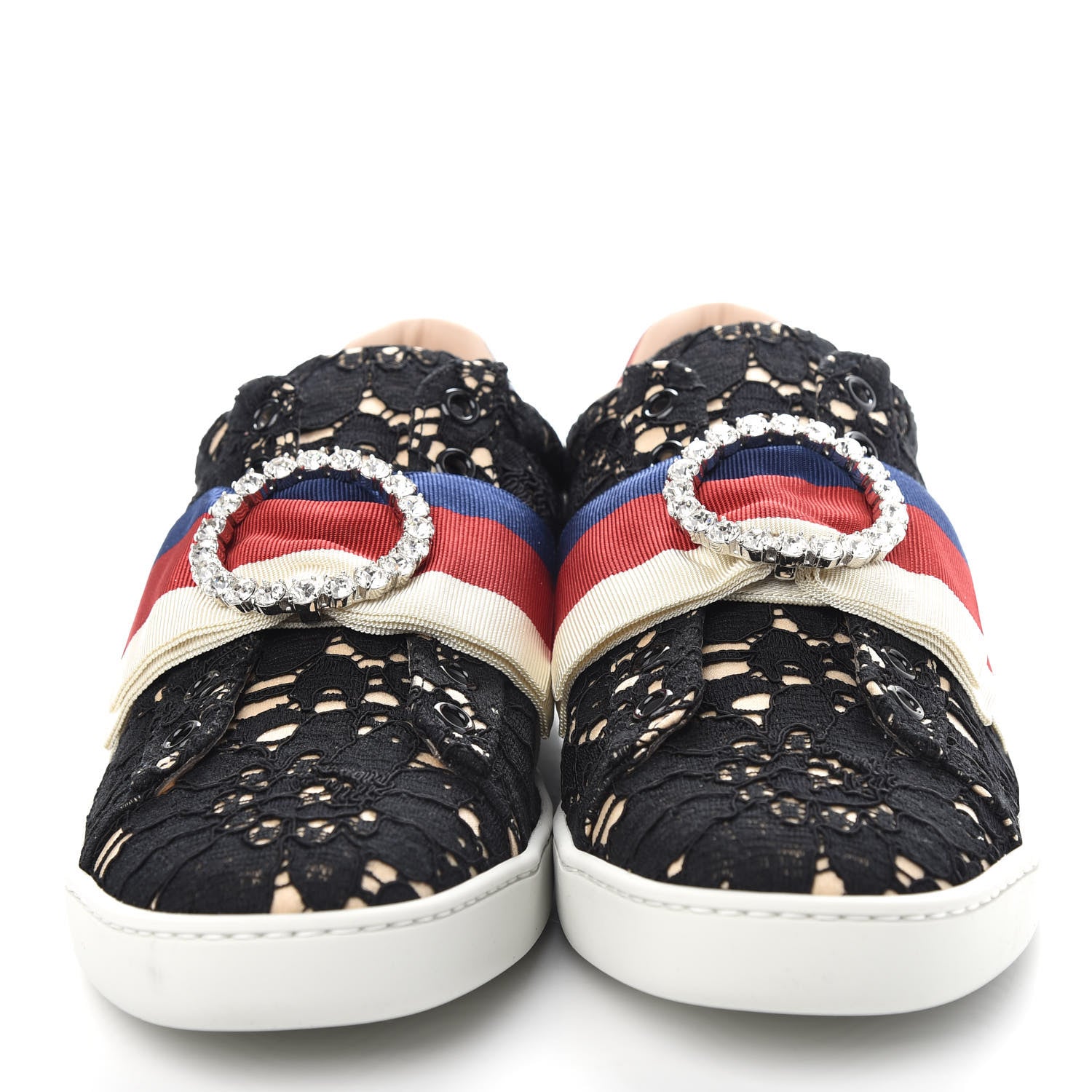 Gucci Lace Crystal Sylvie Web Flower Leaf Womens Ace Sneakers 37.5 Black Tan Beige 5 of 11