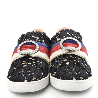 Gucci Lace Crystal Sylvie Web Flower Leaf Womens Ace Sneakers 37.5 Black Tan Beige 5 of 11