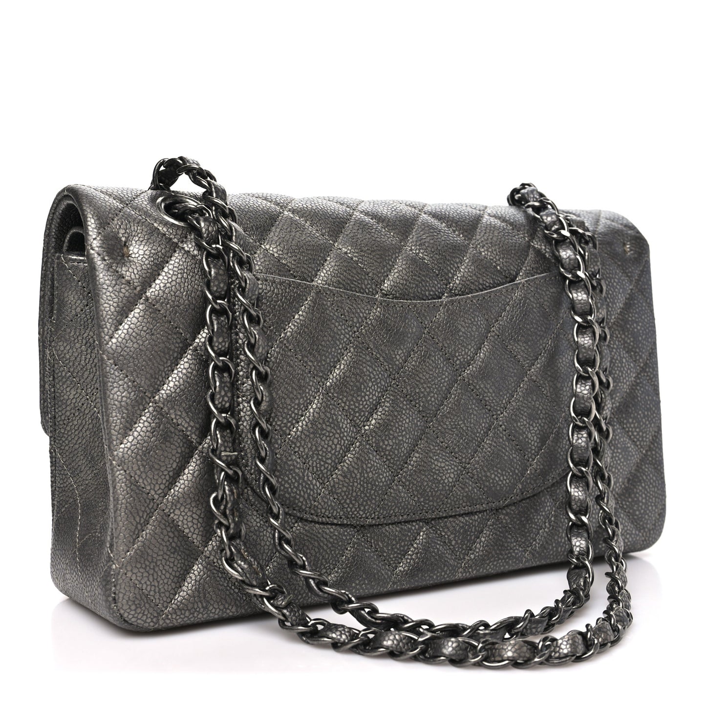Metallic Caviar Quilted Medium Double Flap Dark Grey