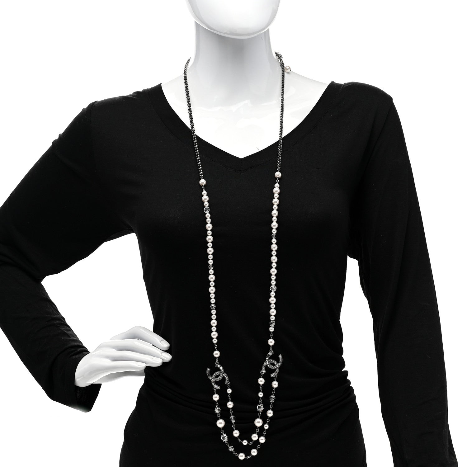 Chanel Ruthenium Pearl Crystal Baguette CC Necklace Silver 2 of 6