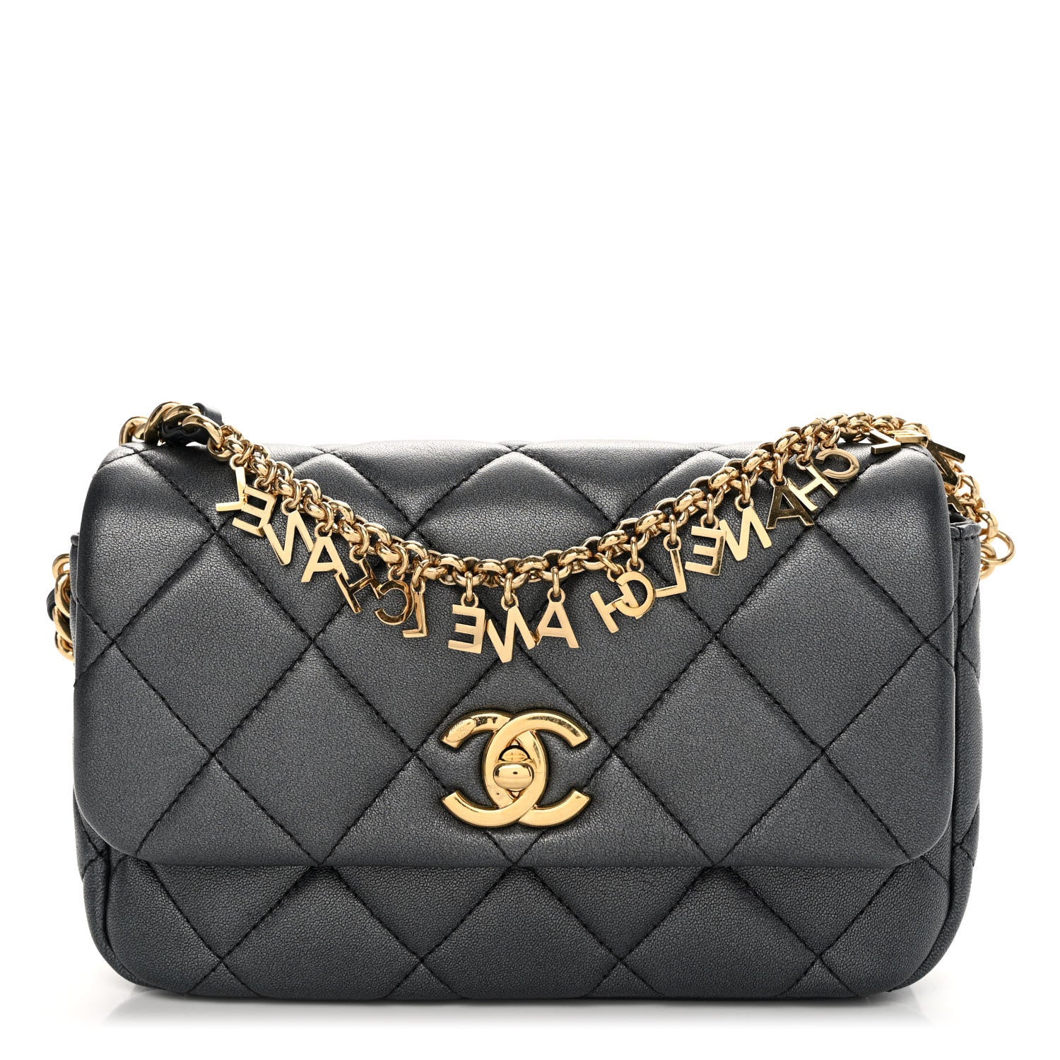 Chanel Metallic Lambskin Quilted Logo Charm Chain Flap Grey 1 of 10