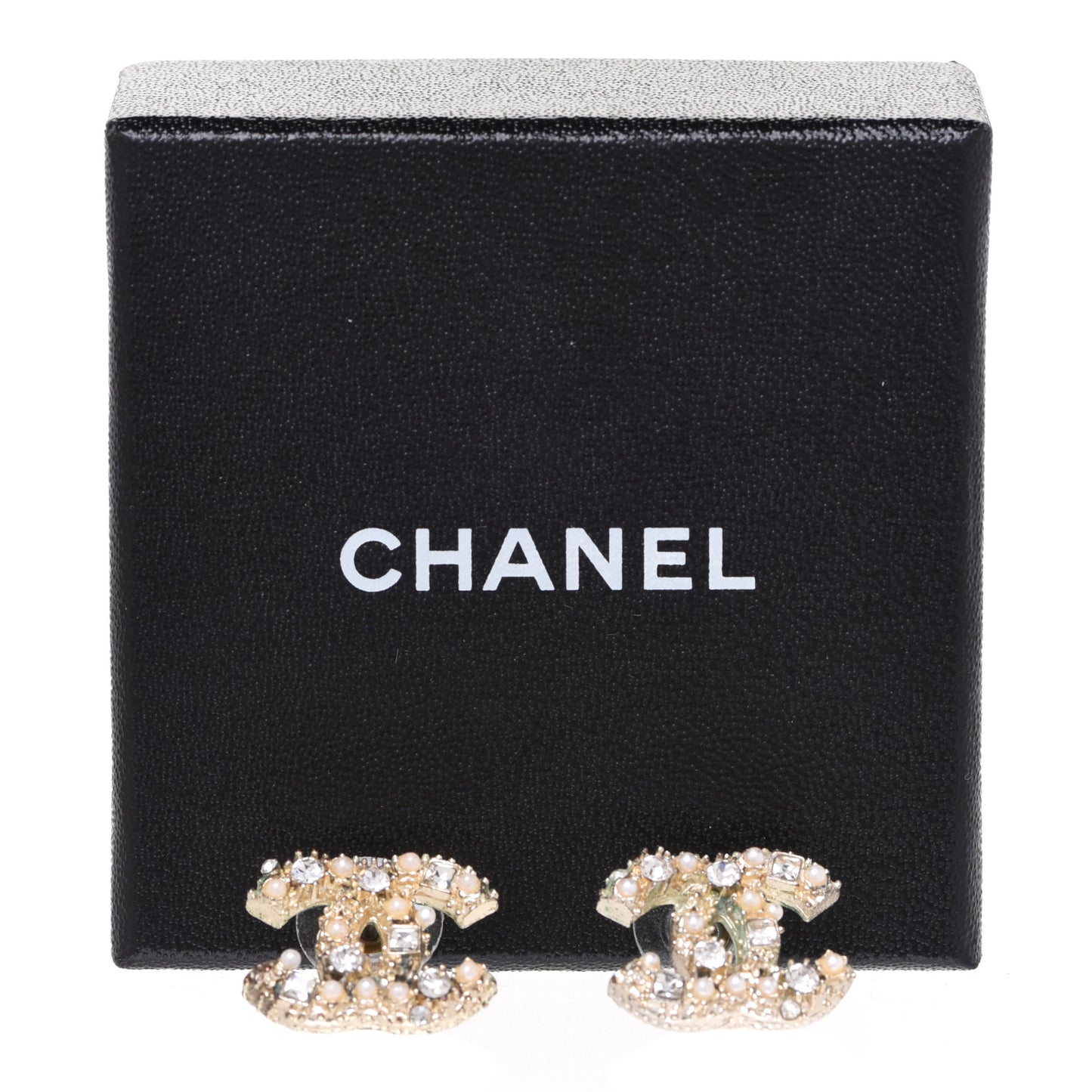 Pearl Crystal Baguette CC Earrings Gold
