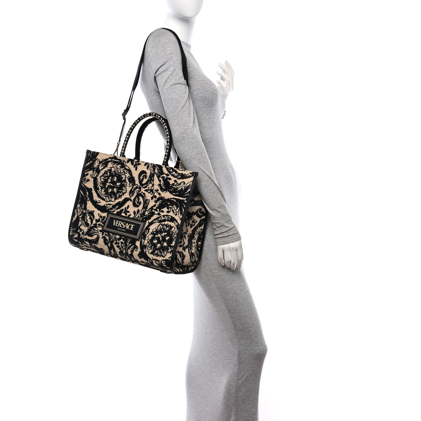 Raffia Calfskin Jacquard Barocco Medium Athena Tote Black