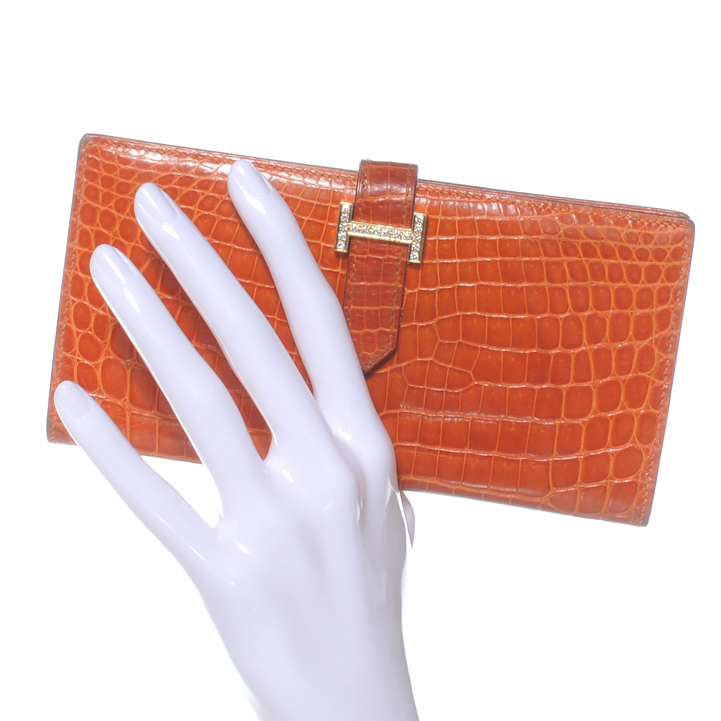 Hermes Niloticus Crocodile Diamond Bearn Wallet Orange 2 of 7