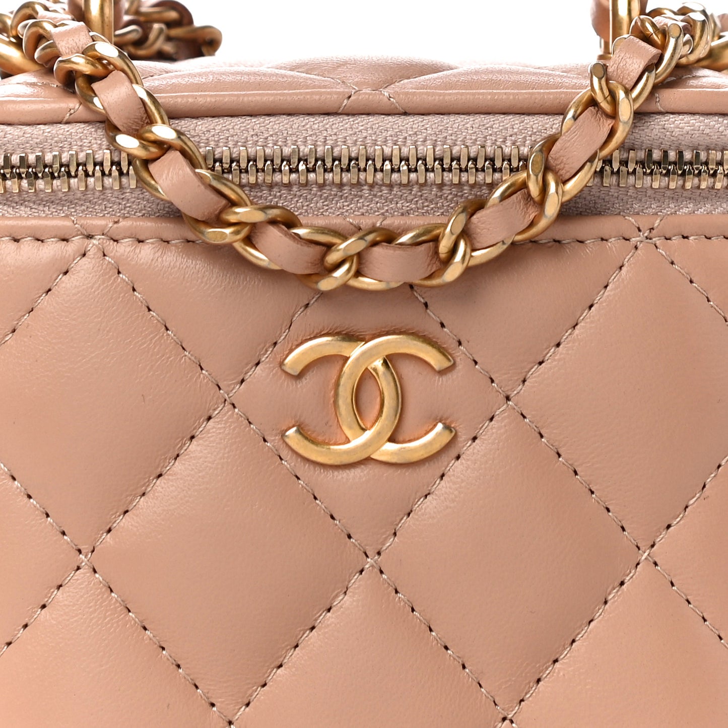 Lambskin Quilted Top Handle Mini Vanity Case With Chain Beige