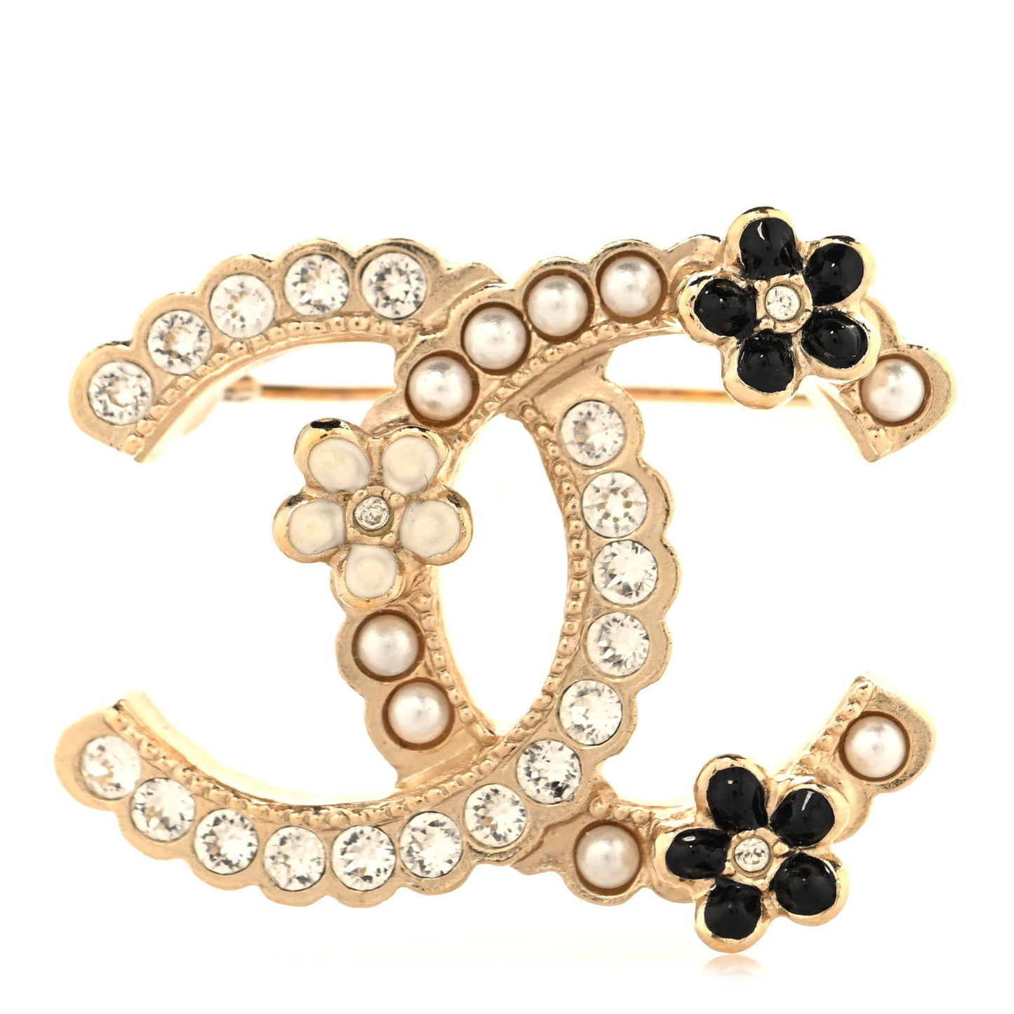 Pearl Resin Flower CC Brooch Black Gold