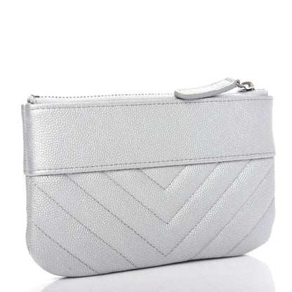 Chanel Metallic Caviar Chevron Quilted Small Vintage Mademoiselle Cosmetic Case Silver 3 of 8